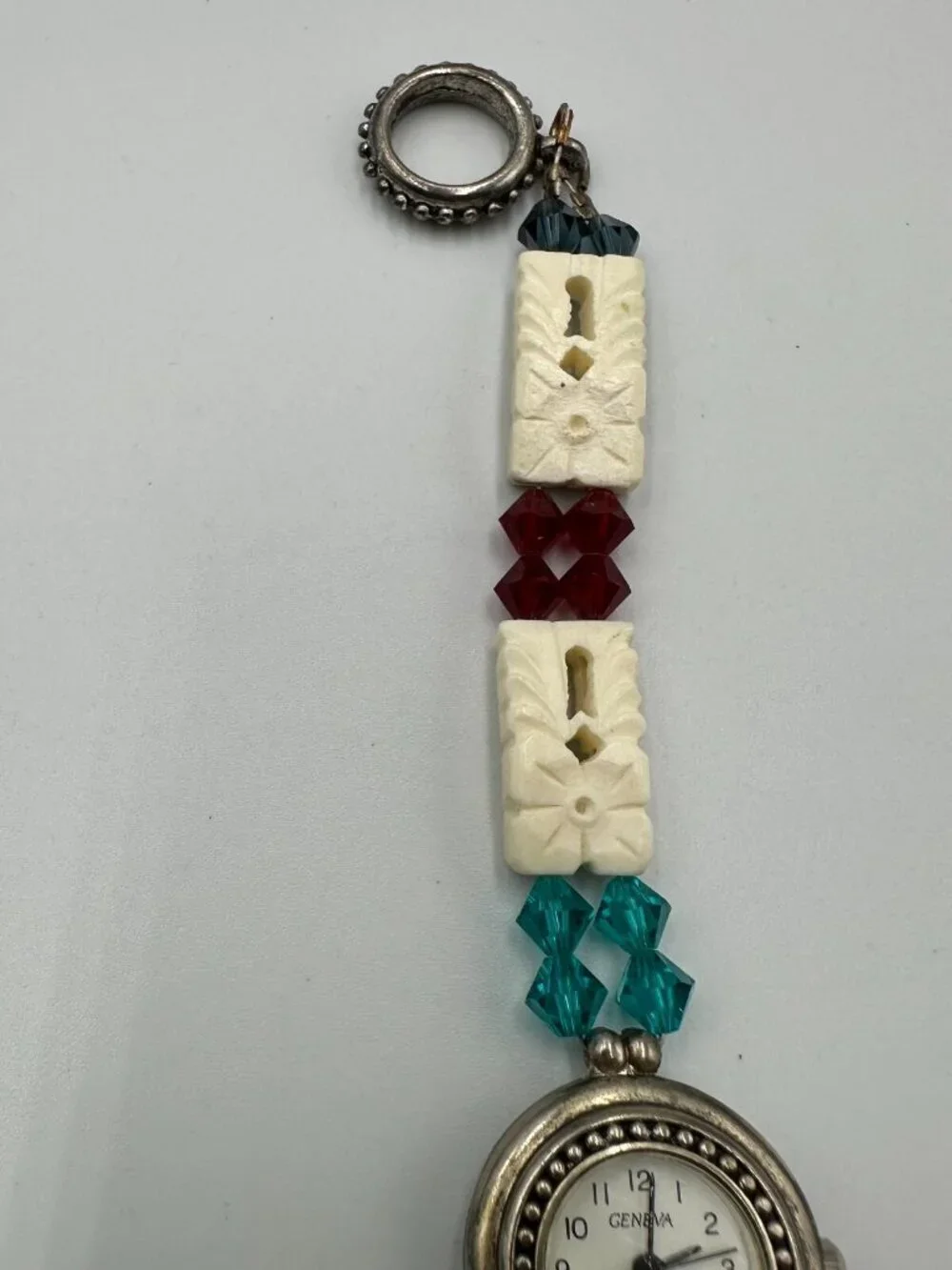 Geneva Watch Women Silver Tone White Carved Beaded Band Toggle Clasp 7.25 Inch